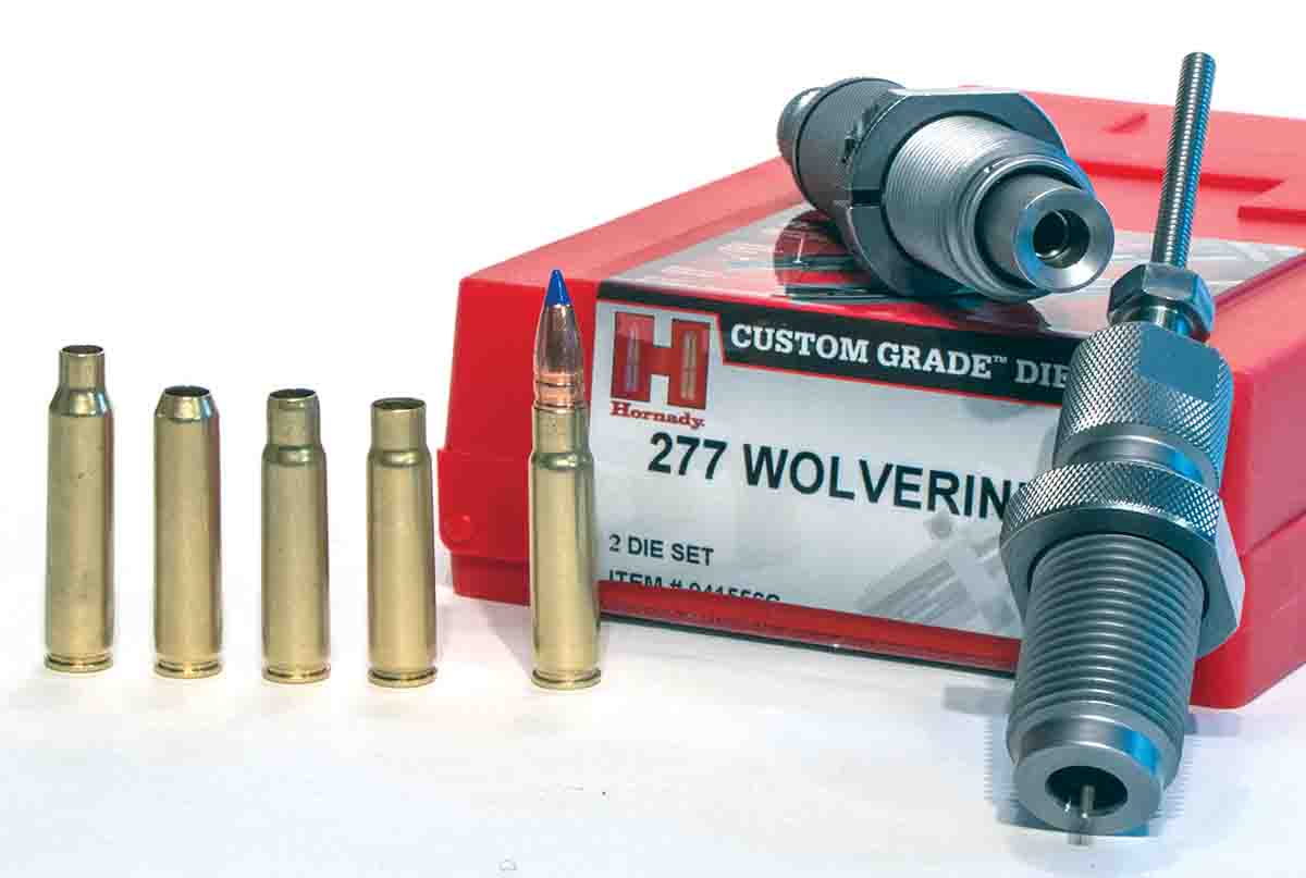 Hornady offers custom dies for the .277 Wolverine, and the cases represent the sequence of forming necessary. From left, .277 Wolverine brass is made by first cutting off a .223 Remington/5.56 NATO case at the junction of the shoulder and neck. Next, run the brass through a .277 Wolverine sizing die and then trim cases to 1.35 inches. Finally, load and fireform the cases.